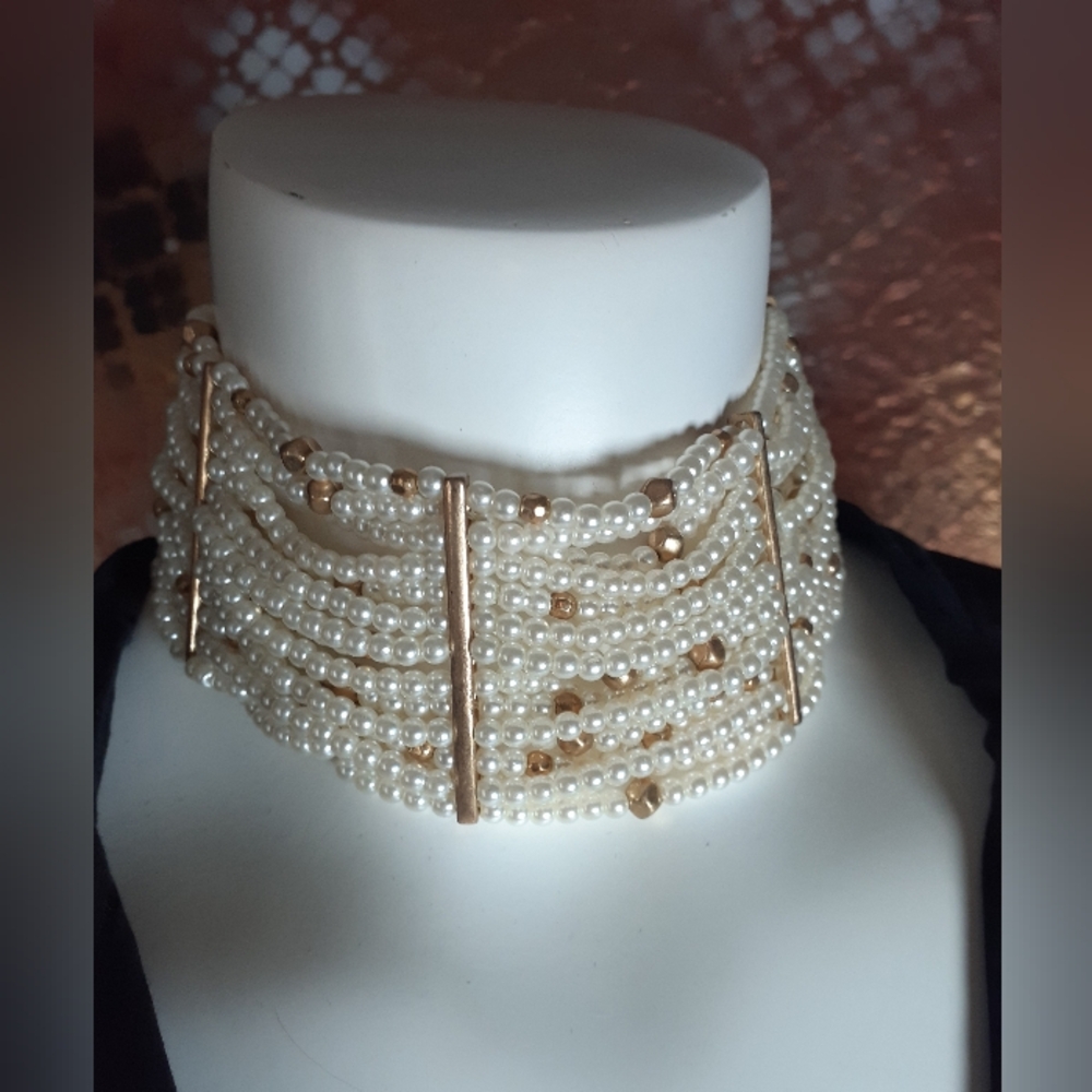 Zara Cream Pearl Multi-Row Choker with Gold Accents - Picture 14 of 14